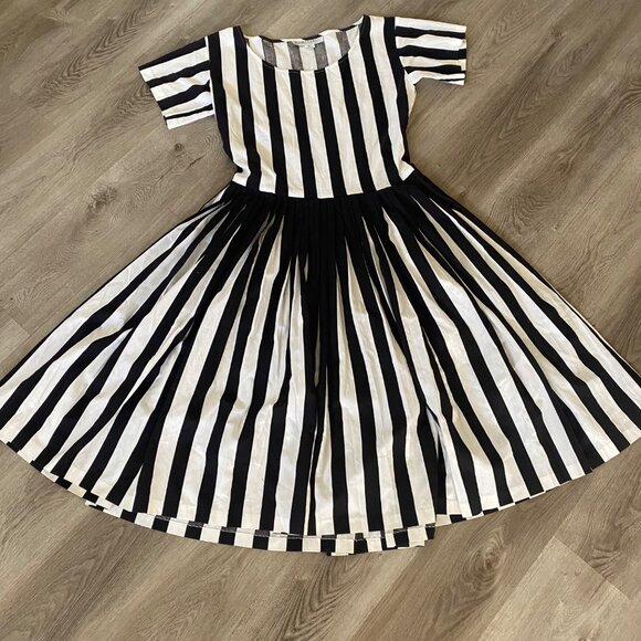 Norma Kamali Vintage 1980s 80s Pleated Stripe Dress Black White - Picture 1 of 10